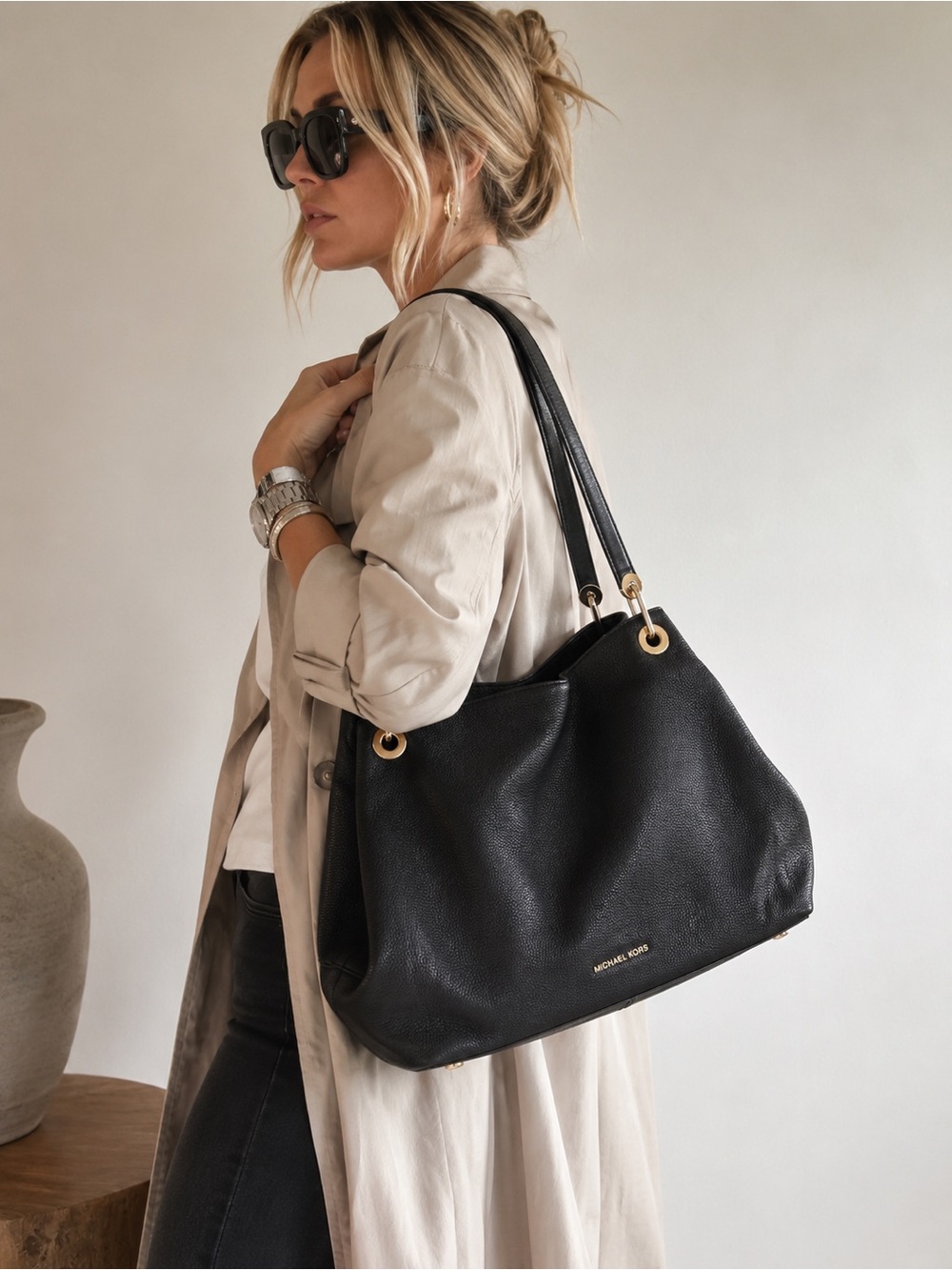 Michael Kors Raven Large Pebbled Leather Shoulder Tote Black  Leather Purse bag